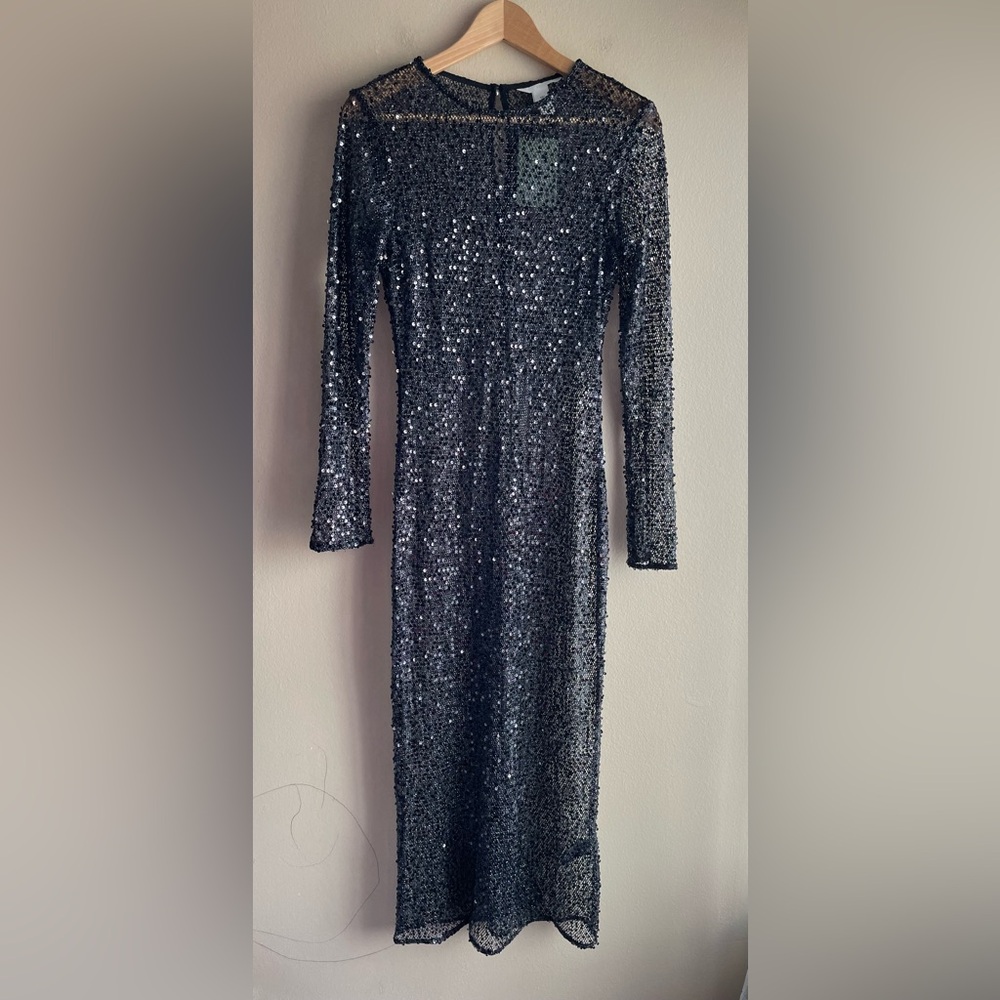 New H&M Women Sequined Maxi Black Long Sleeve Dress Size Small